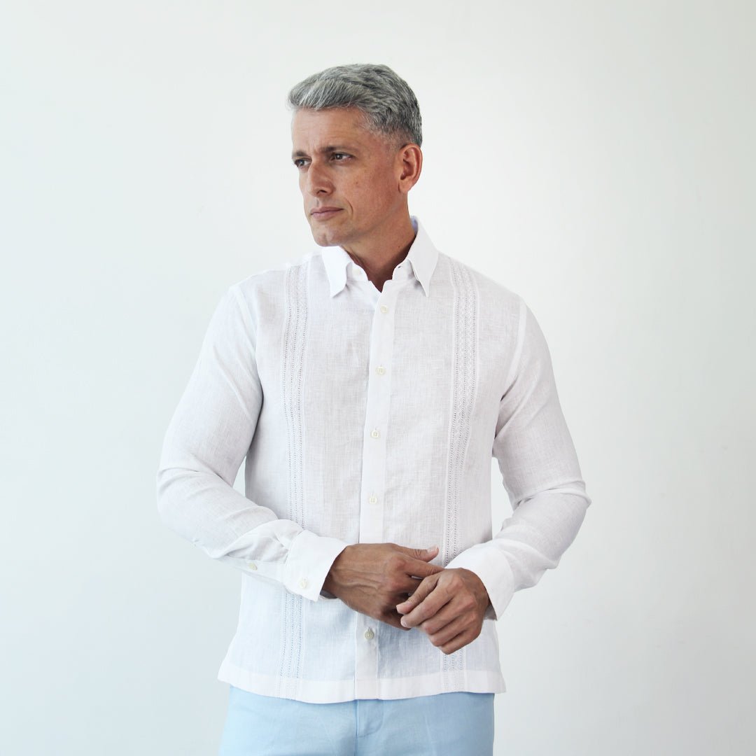 Guayabera Manga Larga Bordada Lino Hombre Blanco – JON SONEN COLOMBIA