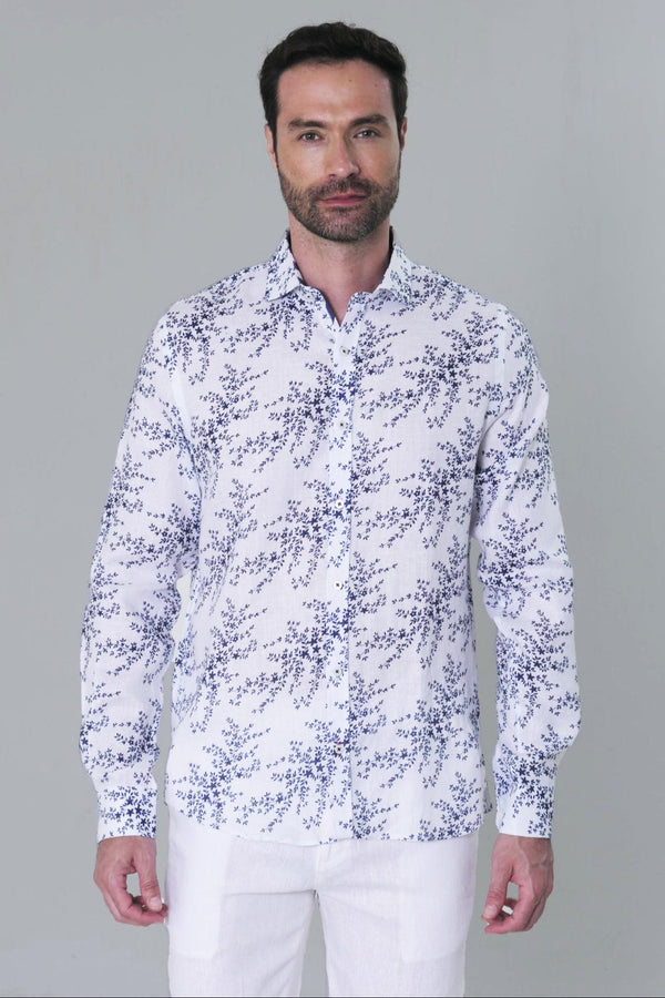 Camisa ML Lino Mini Ramas Azul Privé - JON SONEN COLOMBIA